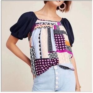 Anthropologie Maeve Catiana Patchwork Puff-Sleeve Blouse Womens Size: XS